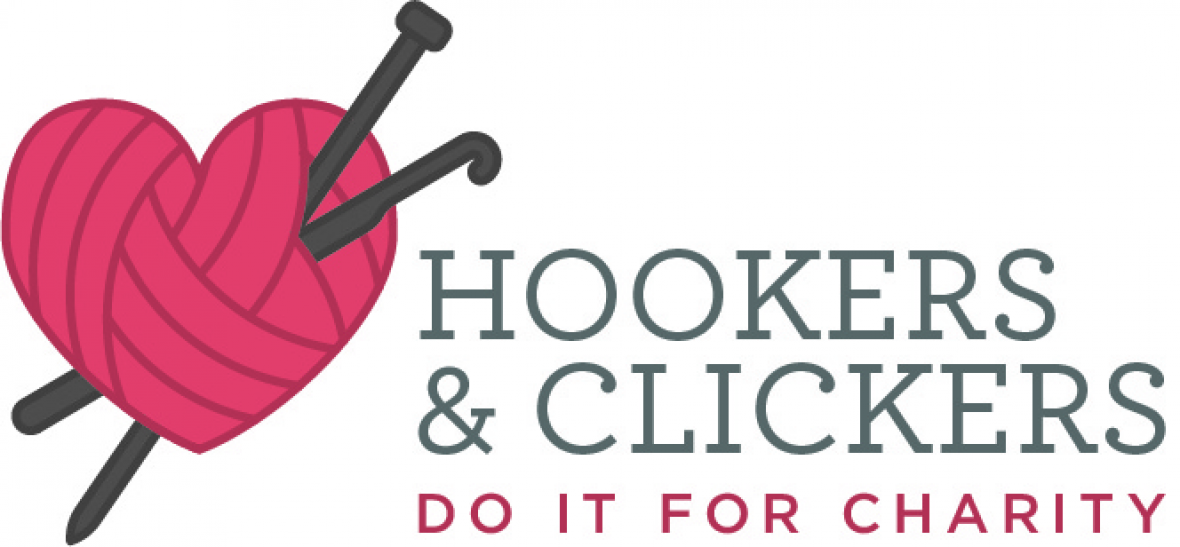 Hookers and Clickers do it for charity logo, with a red heart with a grey knitting needle and crochet hook through it